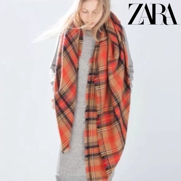 Zara Multicolored Orange Tartan Checked Plaid Blanket Scarf - Picture 1 of 16